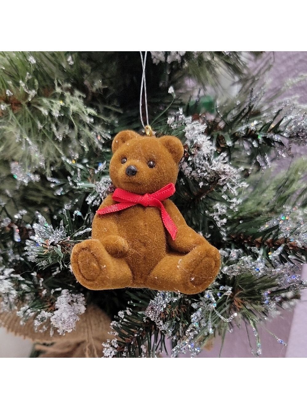 vintage flocked teddy bear christmas ornament